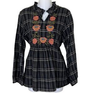 4/$25 NWOT ANGIE FLORAL EMBROIDERED PLAID FLANNEL SHIRT 100% COTTON